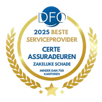 DFO-award Beste Serviceprovider 2025: zakelijke schade, kleine serviceproviders. Gewonnen door certe assuradeuren.