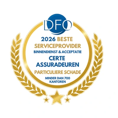 DFO-award Beste Serviceprovider 2026, binnendienst & acceptatie: particuliere schade, kleine serviceproviders. Gewonnen door certe assuradeuren.