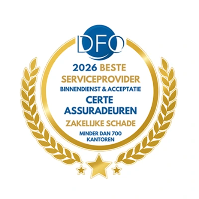 DFO-award Beste Serviceprovider 2026, binnendienst & acceptatie: zakelijke schade, kleine serviceproviders. Gewonnen door certe assuradeuren.